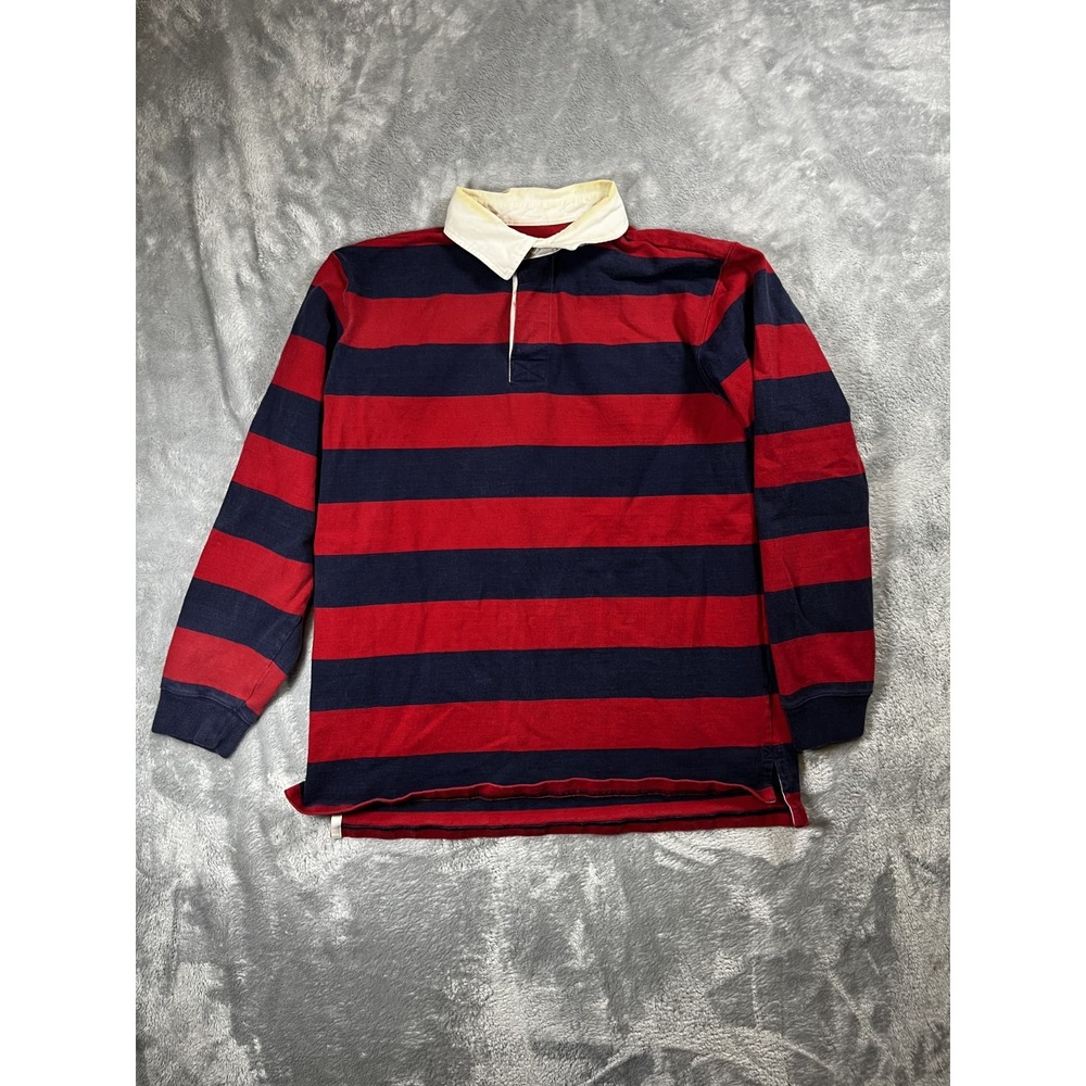 LL Bean Shirt Mens Large Red Blue Striped Rugby Polo Long Sleeve Outdoors N3